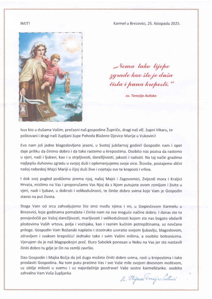 Zahvala s. Ilijane T. Cvetnić u ime Karmela u Brezovici