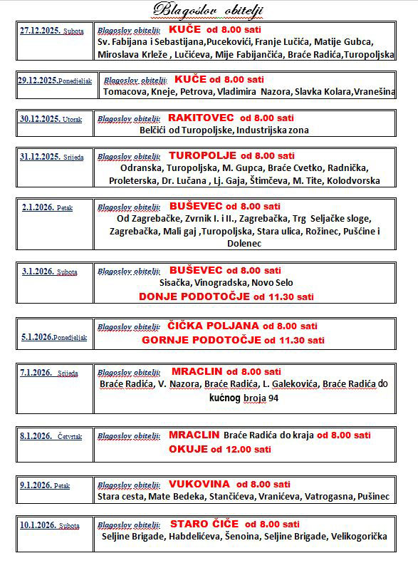 Raspored blagoslova obitelji