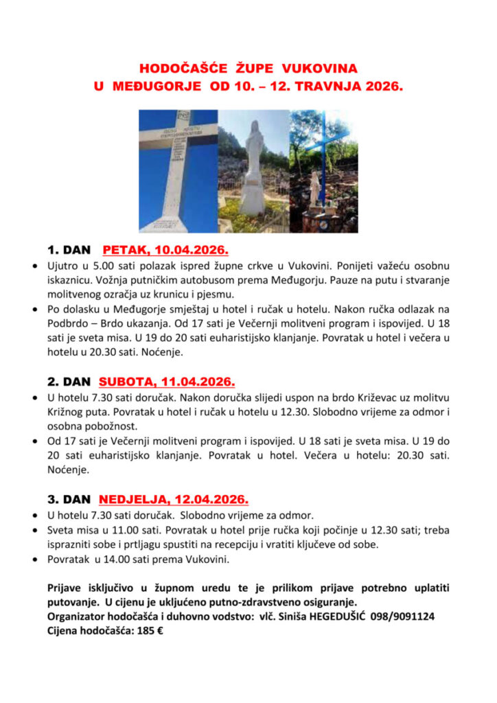 Hodočašće župe Vukovina u Međugorje u travnju 2026.